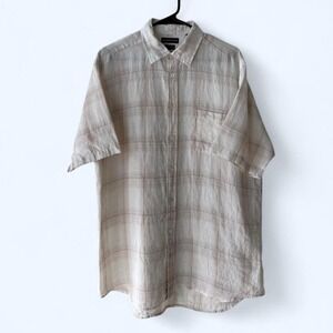 Joseph & Lyman Mens Italian Linen Plaid Short Sleeve Button Down Shirt Beige Tan